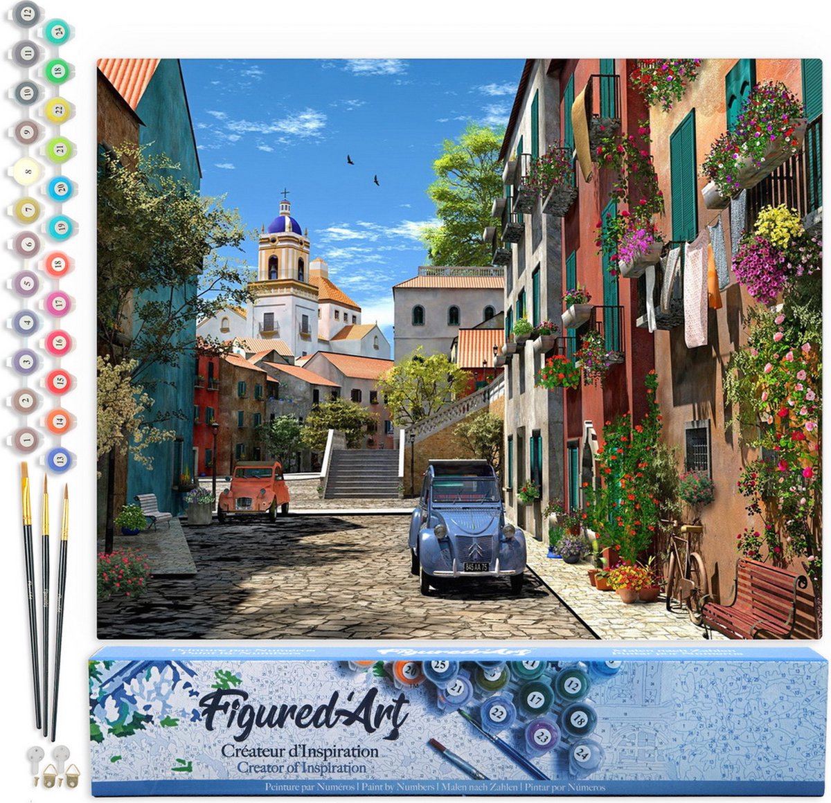 FiguredArt Schilderen op Nummer Volwassenen canvas Steegje en 2 CV - Handwerk acrylverf Kit DIY Compleet - 40x50cm zonder frame